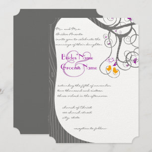 Plum Tree Wood Grain Love Birds Wedding Invitation