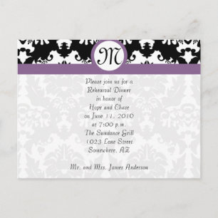 Plum Trim Black Damask Hearts Rehearsal Dinner Invitation Postcard