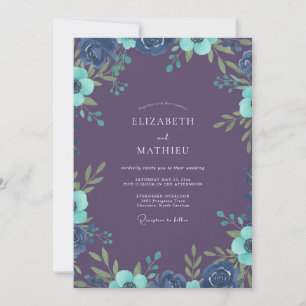 Plum Turquoise Ranunculus Dusty Eucalyptus Wedding Invitation