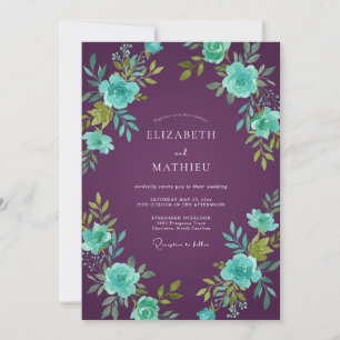 Plum Turquoise Ranunculus Eucalyptus Wedding Invitation