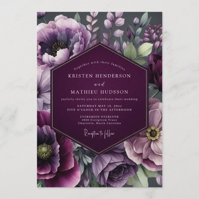 Plum Twilight Bloom Wedding Invitation (Front)