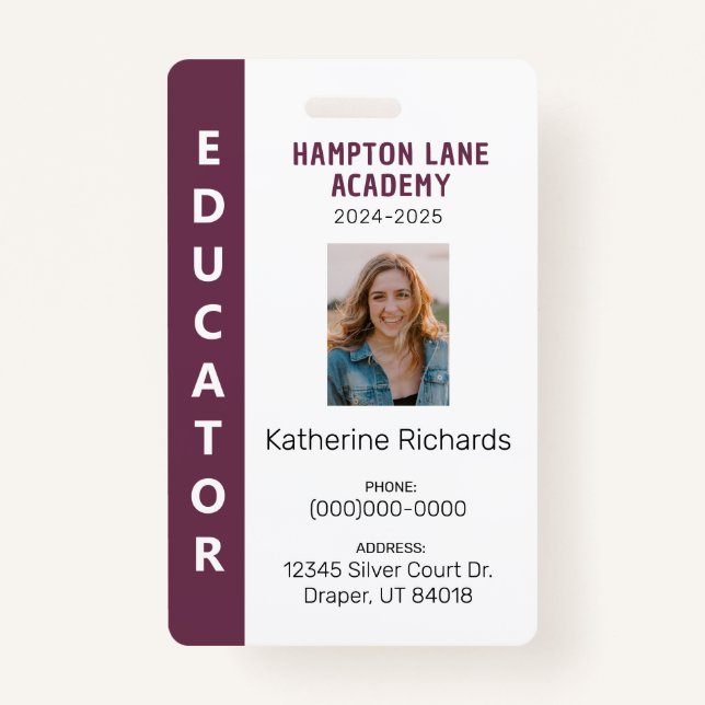 Plum Vertical Stripe Homeschool Educator ID Badge (Front)