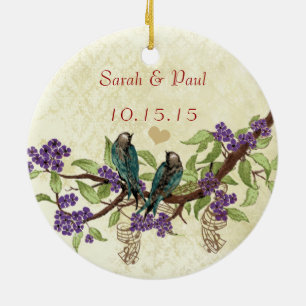 Plum Vintage Bird 1st Christmas Photo Brown Notes Ceramic Tree Decoration