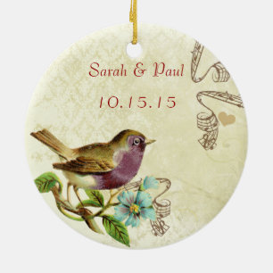 Plum Vintage Bird Save the Date Photo Brown Notes Ceramic Tree Decoration