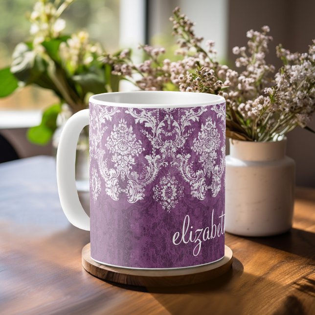 Plum Vintage Damask Pattern and Name Coffee Mug (Personalized Mug)