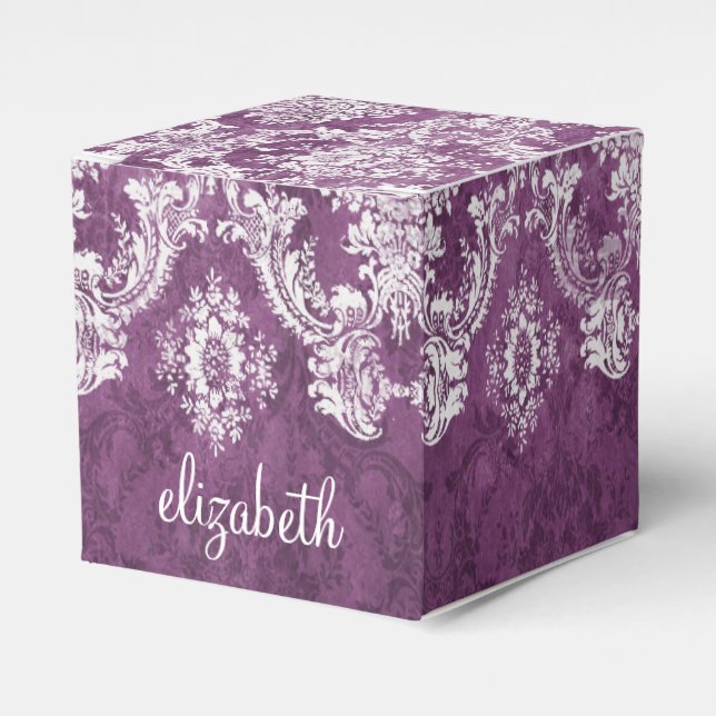 Plum Vintage Damask Pattern and Name Favour Box (Front Side)