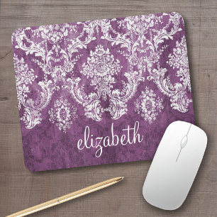 Plum Vintage Damask Pattern and Name Mouse Mat