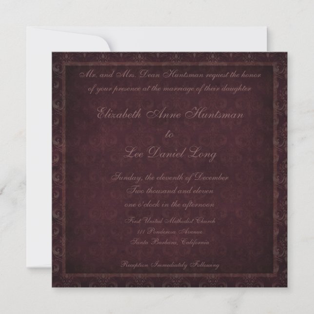 Plum Vintage Damask Wedding Invitation (Front)