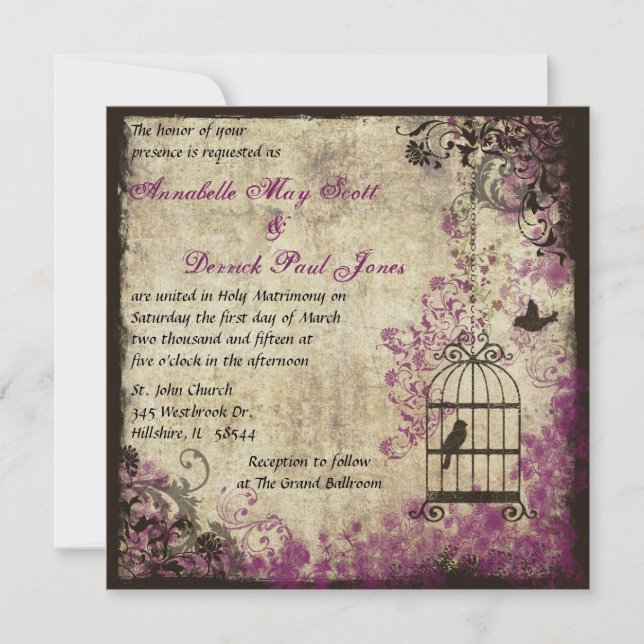 Plum Vintage Wedding Birdcage Invitation (Front)