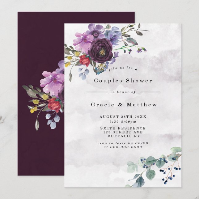 Plum Violet Chic Peony Couples Shower Invitations (Front/Back)