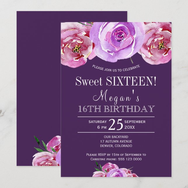 Plum violet pink peonies chic floral sweet sixteen invitation (Front/Back)