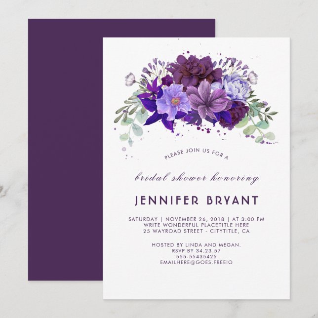 Plum Violet Purple Floral Elegant Bridal Shower Invitation (Front/Back)