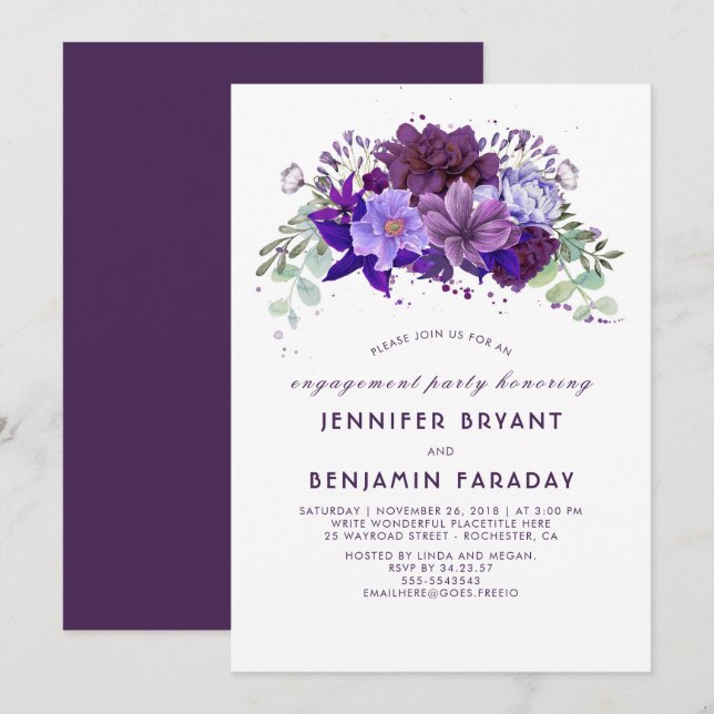 Plum Violet Purple Floral Elegant Engagement Party Invitation (Front/Back)