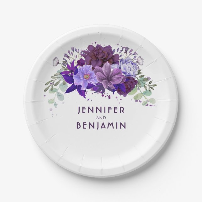 Plum Violet Purple Floral Elegant Wedding Paper Plate (Front)