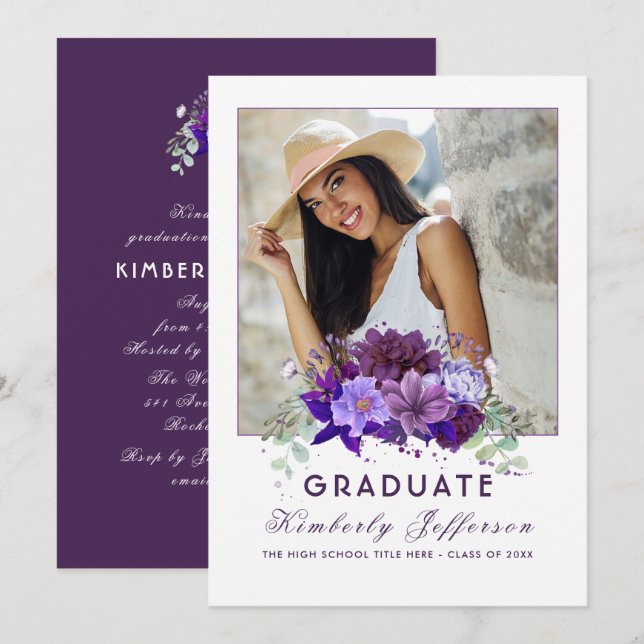 Plum Violet Purple Floral Photo Graduation Invitation (Front/Back)
