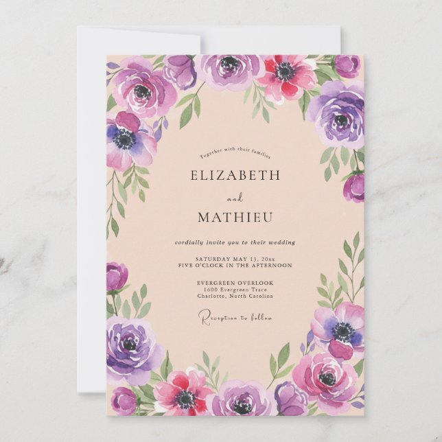 Plum Violet Wildflower Wedding Invitation (Front)
