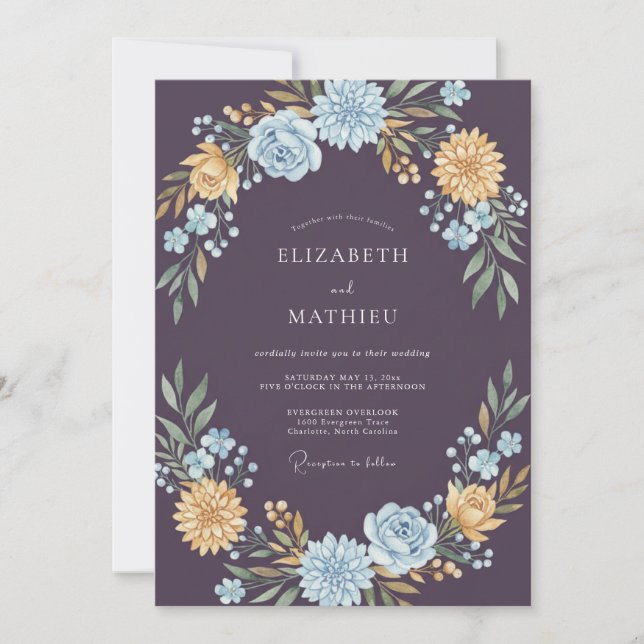 Plum Warm Gold Blossom Wedding Invitation (Front)