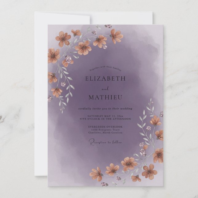 Plum Warm Peach Wildflower Wedding Invitation (Front)