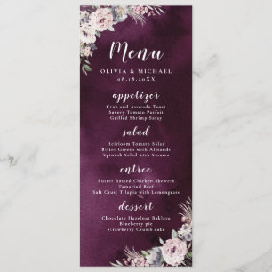 Plum watercolor & dusty pink boho floral wedding menu