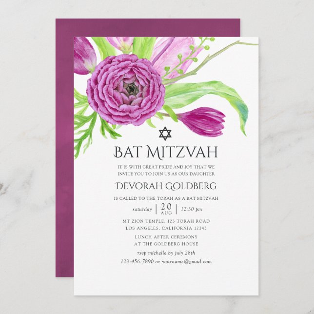Plum Watercolor Floral Bat Mitzvah Invitation (Front/Back)