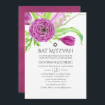 Plum Watercolor Floral Bat Mitzvah Invitation<br><div class="desc">Botanical watercolor bat mitzvah invitation. Flowers featured are ranunculus,  tulips,  violets and crocuses.</div>