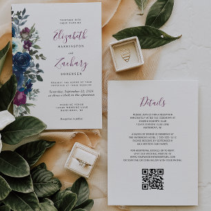 Plum Watercolor Floral Navy Blue QR Code Wedding Invitation