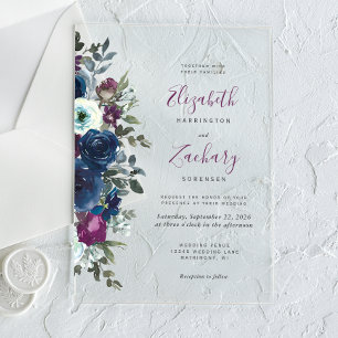 Plum Watercolor Floral Navy Blue Wedding Acrylic Invitations