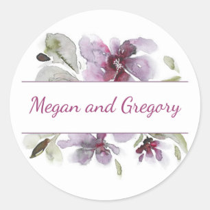 Plum Watercolor Flowers Elegant Wedding Classic Round Sticker