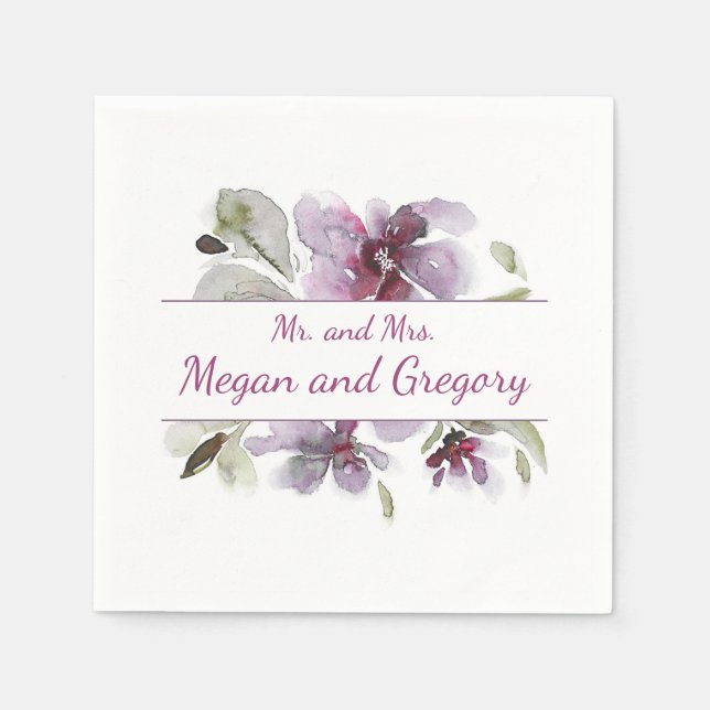 Plum Watercolor Flowers Wedding Napkin (Front)