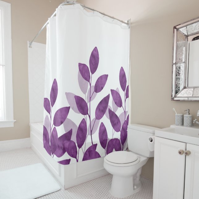 Plum Watercolor Leaves Shower Curtain (In Situ)