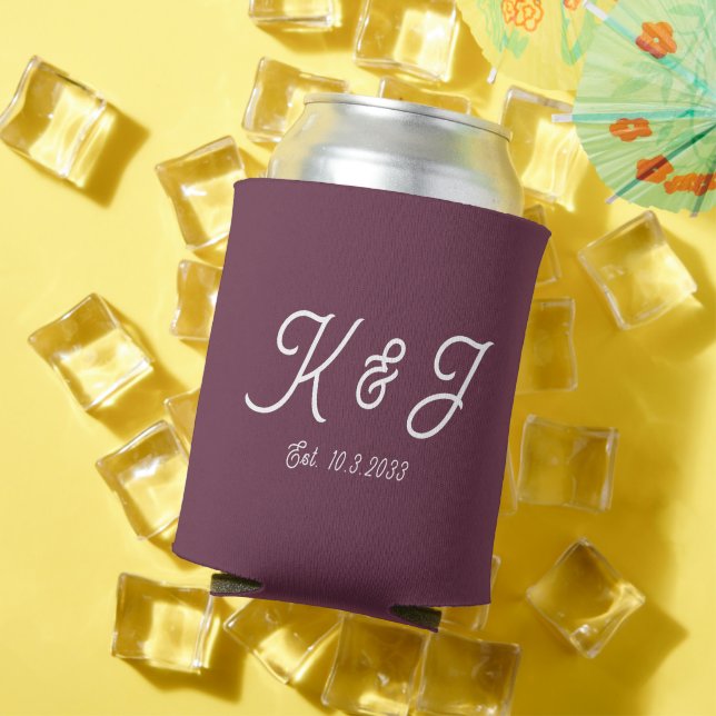 Plum Wedding Favour Monogrammed Can Cooler (In Situ Summer)