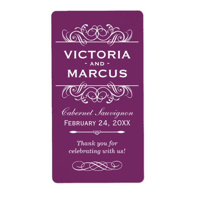 Plum Wedding Wine Bottle Monogram Favour Labels (Front)