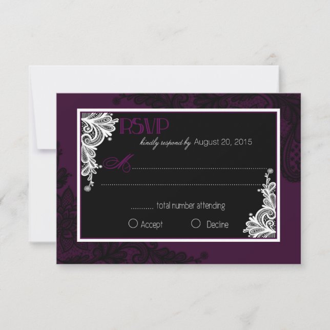 Plum White and Black Lace Elegant RSVP Card (Front)