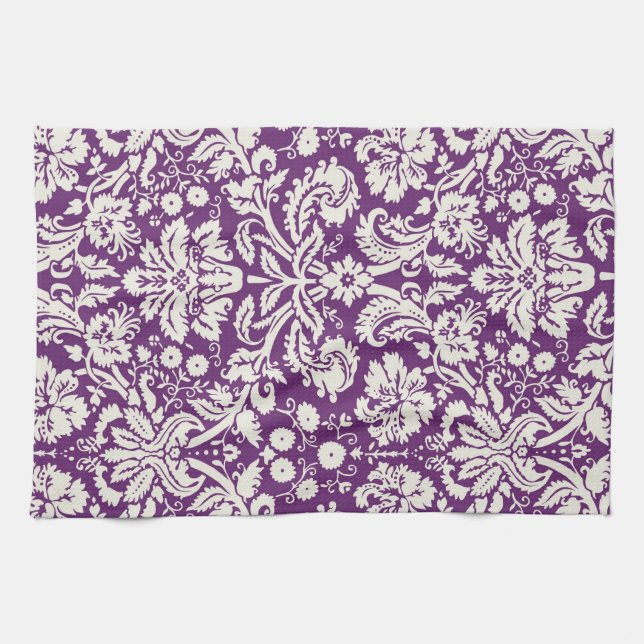 Plum White Damask Pattern Tea Towel (Horizontal)