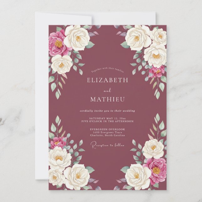 Plum White Peony Wedding Invitation (Front)