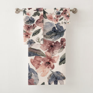Plum Wildflower Watercolor Moody Botanical Garden Bath Towel Set