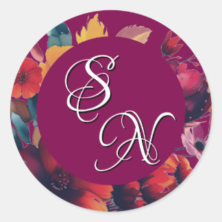 Plum Wildflowers Bouquet Monogram Initials Sticker