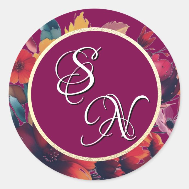 Plum Wildflowers Bouquet Monogram Initials Sticker (Front)