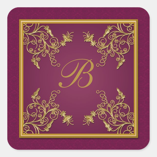 Plum Wine and Gold Floral Damask Monogram Sticker (Front)