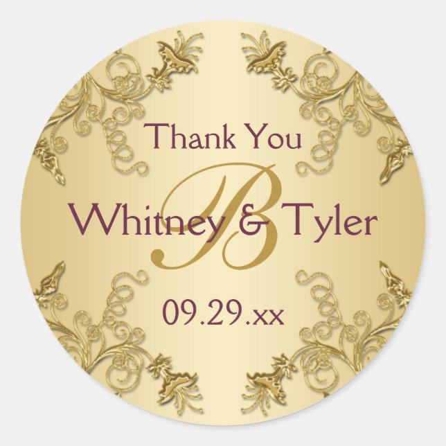 Plum Wine and Gold Floral Damask Monogram Sticker (Front)