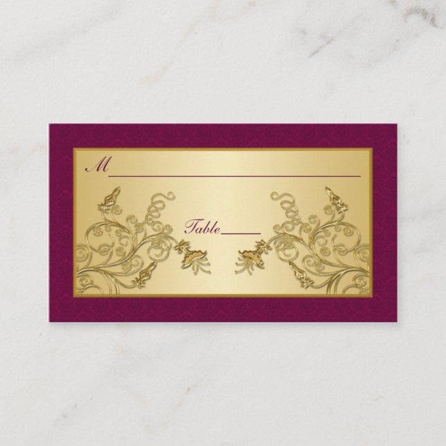 Plum Wine and Gold Floral Damask Placecards (Front)