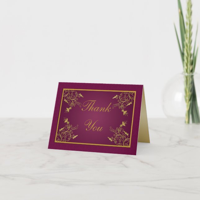Plum Wine and Gold Floral Damask Thank You Card (Front)