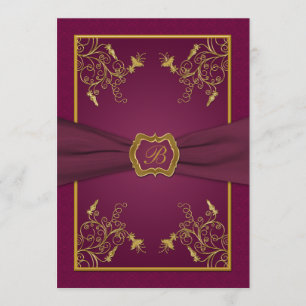 Plum Wine and Gold Monogram Wedding Invitation