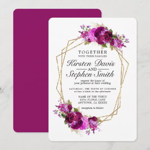 Plum Wine Floral Gold Geometric Border Wedding Invitation