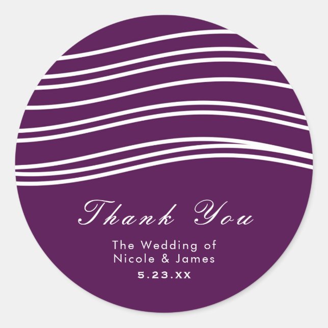 Plum Wine Purple & White Wave Chic Modern Wedding Classic Round Sticker (Front)