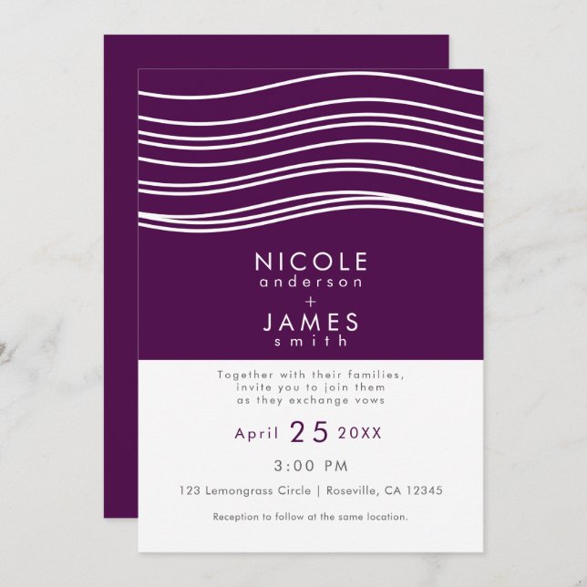 Plum Wine Purple & White Wave Chic Modern Wedding Invitation (Front/Back)