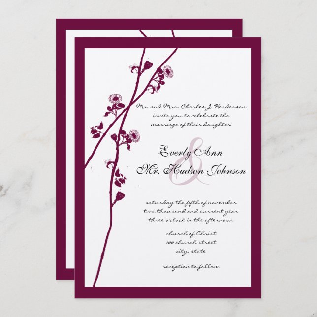 Plum Wine Wildflower Branch Wedding Invitations (Front/Back)