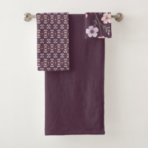 Plum With Pink And Mauve Floral Bath Towel Set