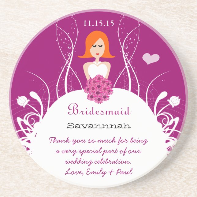 Plum with Red Hair Side Part Bridesmaid Coaster (Front)