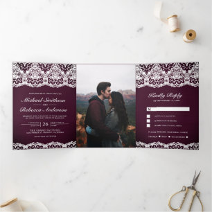 Plum Wood Country Lace All in One Wedding Tri-Fold Invitation